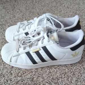 Adidas Superstar White with Black Stripes and Gold Accents